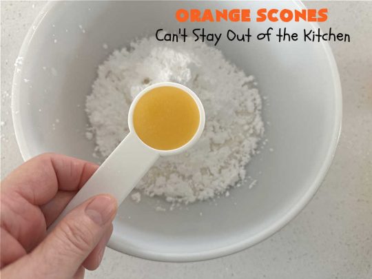 Orange Scones | Can't Stay Out of the Kitchen | these luscious #OrangeScones contain #OrangeJuice & #CandiedOrangePeel in the #scone & more #OJ & #OrangeZest in the icing. They're terrific for #holiday #breakfast or #brunch menus, including #Thanksgiving, #Christmas or #NewYearsDay or any day in between! Softer & sweeter than traditional scones, your family & friends will swoon over these. #orange #HolidayBreakfast #ParadiseFruit