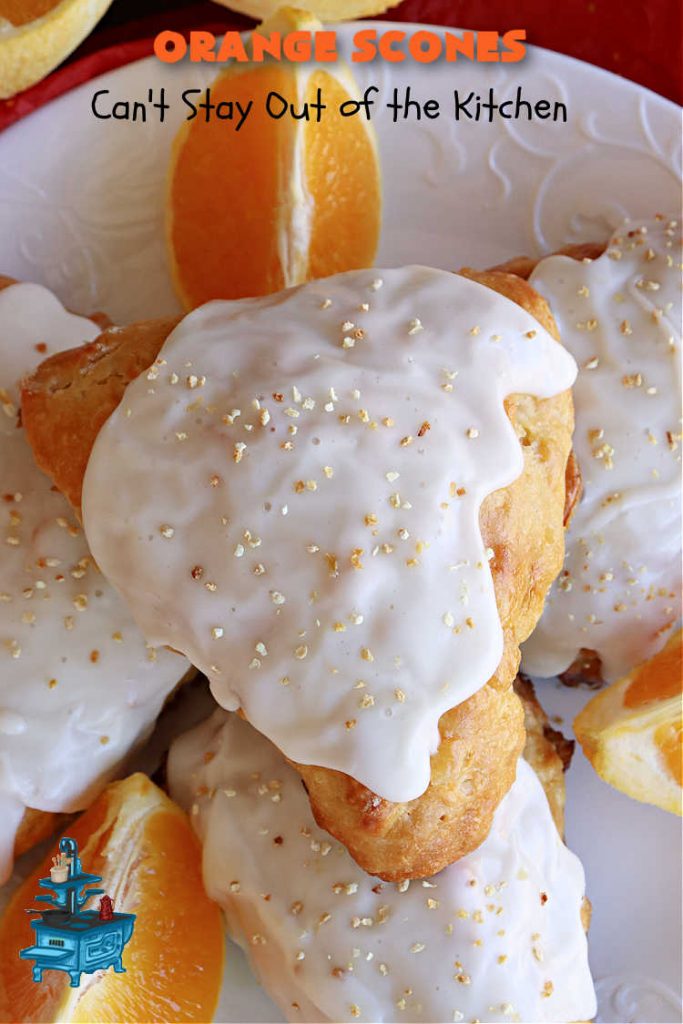 Orange Scones | Can't Stay Out of the Kitchen | these luscious #OrangeScones contain #OrangeJuice & #CandiedOrangePeel in the #scone & more #OJ & #OrangeZest in the icing. They're terrific for #holiday #breakfast or #brunch menus, including #Thanksgiving, #Christmas or #NewYearsDay or any day in between! Softer & sweeter than traditional scones, your family & friends will swoon over these. #orange #HolidayBreakfast #ParadiseFruit