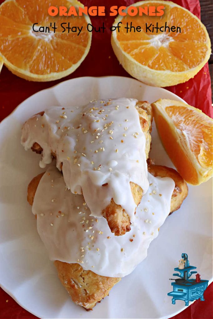 Orange Scones | Can't Stay Out of the Kitchen | these luscious #OrangeScones contain #OrangeJuice & #CandiedOrangePeel in the #scone & more #OJ & #OrangeZest in the icing. They're terrific for #holiday #breakfast or #brunch menus, including #Thanksgiving, #Christmas or #NewYearsDay or any day in between! Softer & sweeter than traditional scones, your family & friends will swoon over these. #orange #HolidayBreakfast #ParadiseFruit
