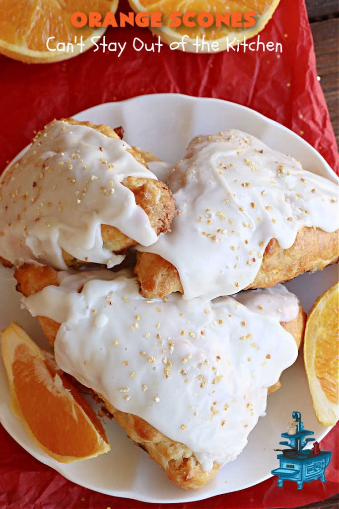Orange Scones | Can't Stay Out of the Kitchen | these luscious #OrangeScones contain #OrangeJuice & #CandiedOrangePeel in the #scone & more #OJ & #OrangeZest in the icing. They're terrific for #holiday #breakfast or #brunch menus, including #Thanksgiving, #Christmas or #NewYearsDay or any day in between! Softer & sweeter than traditional scones, your family & friends will swoon over these. #orange #HolidayBreakfast #ParadiseFruit