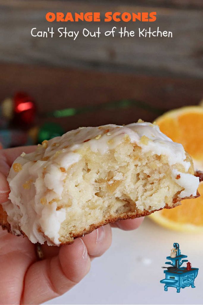 Orange Scones | Can't Stay Out of the Kitchen | these luscious #OrangeScones contain #OrangeJuice & #CandiedOrangePeel in the #scone & more #OJ & #OrangeZest in the icing. They're terrific for #holiday #breakfast or #brunch menus, including #Thanksgiving, #Christmas or #NewYearsDay or any day in between! Softer & sweeter than traditional scones, your family & friends will swoon over these. #orange #HolidayBreakfast #ParadiseFruit