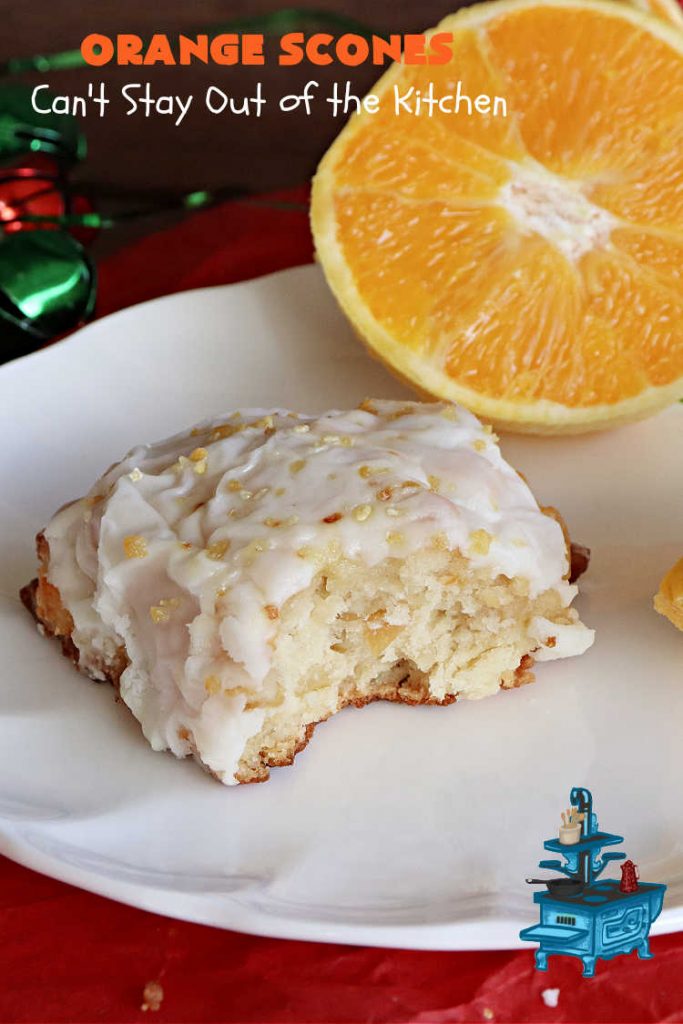 Orange Scones | Can't Stay Out of the Kitchen | these luscious #OrangeScones contain #OrangeJuice & #CandiedOrangePeel in the #scone & more #OJ & #OrangeZest in the icing. They're terrific for #holiday #breakfast or #brunch menus, including #Thanksgiving, #Christmas or #NewYearsDay or any day in between! Softer & sweeter than traditional scones, your family & friends will swoon over these. #orange #HolidayBreakfast #ParadiseFruit