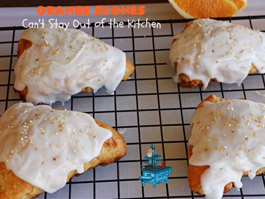 Orange Scones | Can't Stay Out of the Kitchen | these luscious #OrangeScones contain #OrangeJuice & #CandiedOrangePeel in the #scone & more #OJ & #OrangeZest in the icing. They're terrific for #holiday #breakfast or #brunch menus, including #Thanksgiving, #Christmas or #NewYearsDay or any day in between! Softer & sweeter than traditional scones, your family & friends will swoon over these. #orange #HolidayBreakfast #ParadiseFruit