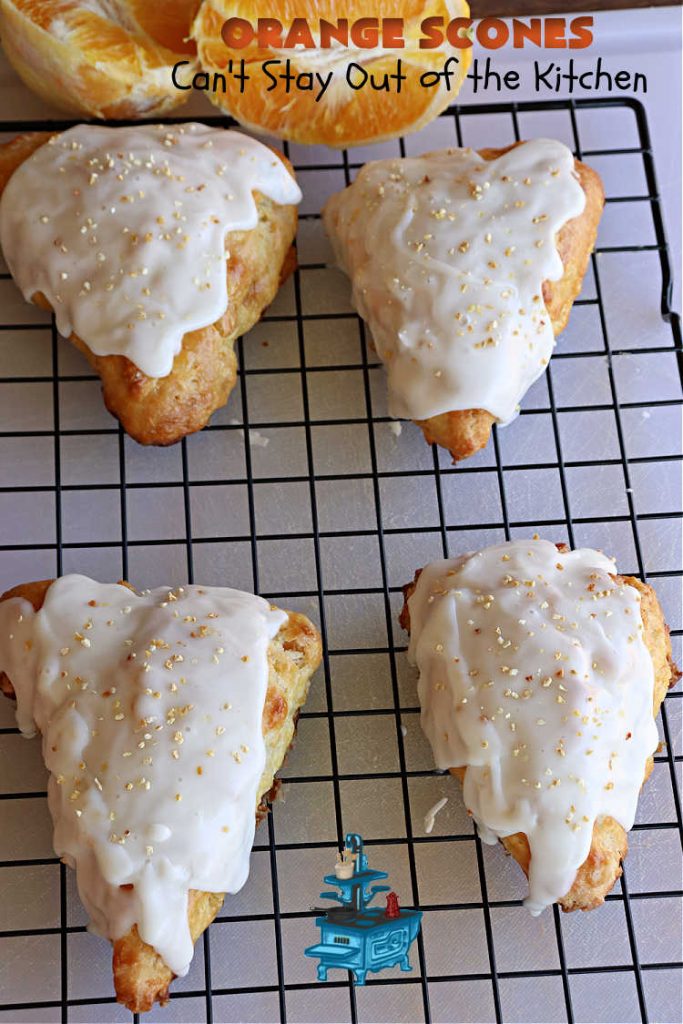 Orange Scones | Can't Stay Out of the Kitchen | these luscious #OrangeScones contain #OrangeJuice & #CandiedOrangePeel in the #scone & more #OJ & #OrangeZest in the icing. They're terrific for #holiday #breakfast or #brunch menus, including #Thanksgiving, #Christmas or #NewYearsDay or any day in between! Softer & sweeter than traditional scones, your family & friends will swoon over these. #orange #HolidayBreakfast #ParadiseFruit