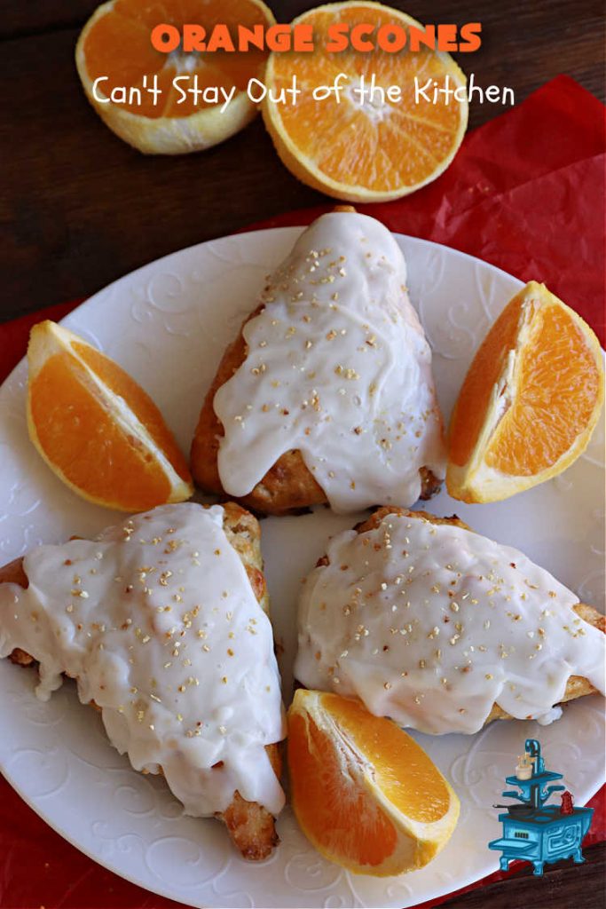 Orange Scones | Can't Stay Out of the Kitchen | these luscious #OrangeScones contain #OrangeJuice & #CandiedOrangePeel in the #scone & more #OJ & #OrangeZest in the icing. They're terrific for #holiday #breakfast or #brunch menus, including #Thanksgiving, #Christmas or #NewYearsDay or any day in between! Softer & sweeter than traditional scones, your family & friends will swoon over these. #orange #HolidayBreakfast #ParadiseFruit
