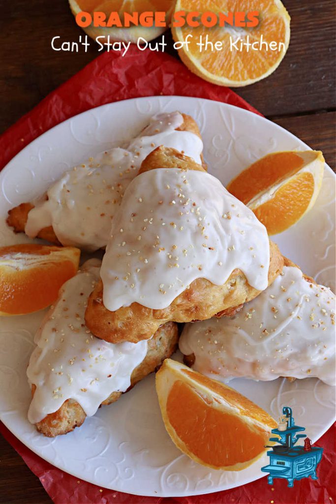 Orange Scones | Can't Stay Out of the Kitchen | these luscious #OrangeScones contain #OrangeJuice & #CandiedOrangePeel in the #scone & more #OJ & #OrangeZest in the icing. They're terrific for #holiday #breakfast or #brunch menus, including #Thanksgiving, #Christmas or #NewYearsDay or any day in between! Softer & sweeter than traditional scones, your family & friends will swoon over these. #orange #HolidayBreakfast #ParadiseFruit