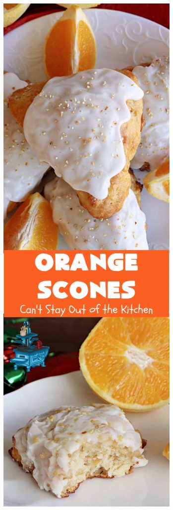 Orange Scones | Can't Stay Out of the Kitchen | these luscious #OrangeScones contain #OrangeJuice & #CandiedOrangePeel in the #scone & more #OJ & #OrangeZest in the icing. They're terrific for #holiday #breakfast or #brunch menus, including #Thanksgiving, #Christmas or #NewYearsDay or any day in between! Softer & sweeter than traditional scones, your family & friends will swoon over these. #orange #HolidayBreakfast #ParadiseFruit