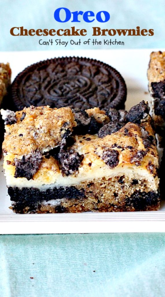 Oreo Cheesecake Brownies | Can't Stay Out of the Kitchen | these #brownies are divine! They have a scrumptious #cheesecake layer along with #Oreo #cookie dough. Amazing. #chocolate #dessert