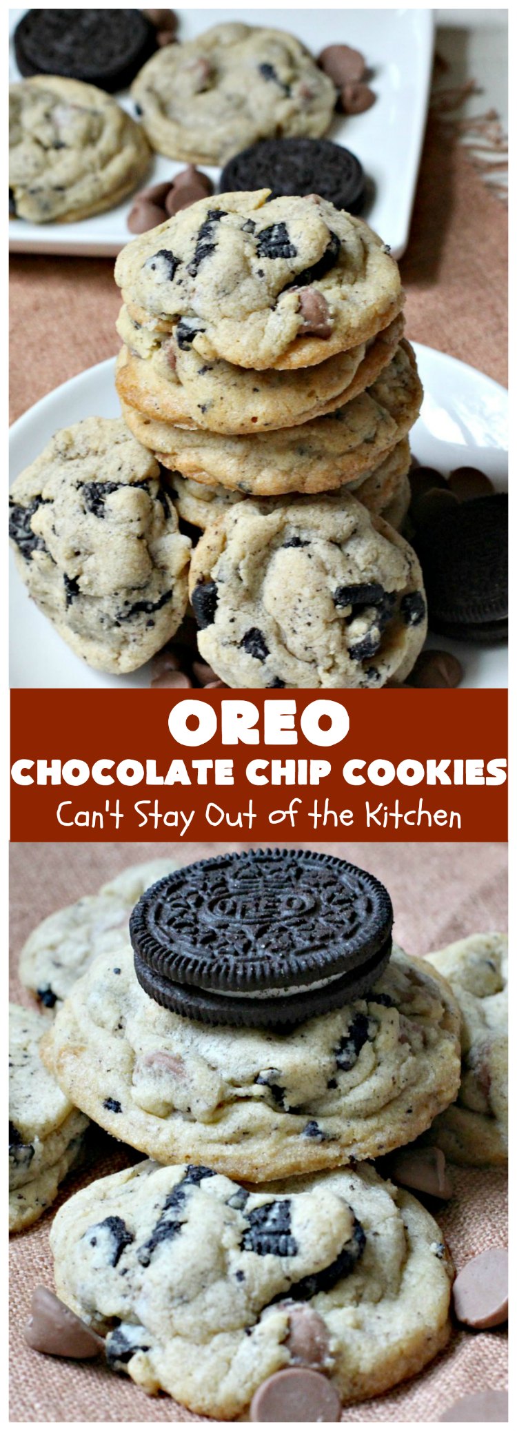 Oreo Chocolate Chip Cookies | Can't Stay Out of the Kitchen | these outrageous #cookies are insanely good. If you need a #chocolate fix, this is the #dessert to try! Great for #tailgating, potlucks & #holiday parties, too. #Oreos #ChocolateDessert #OreoDessert #ChocolateChips #OreoChocolateChipCookies