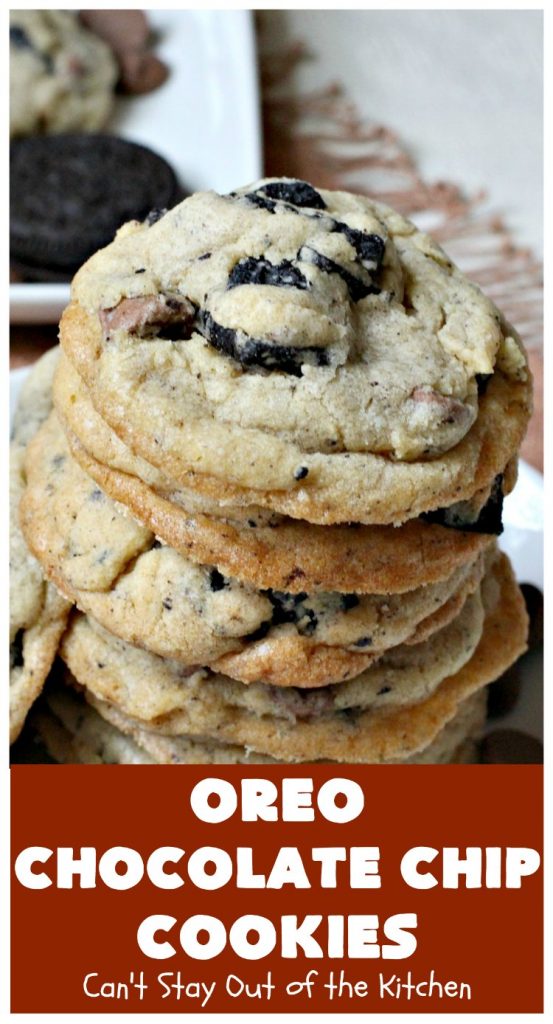 Oreo Chocolate Chip Cookies | Can't Stay Out of the Kitchen | these outrageous #cookies are insanely good. If you need a #chocolate fix, this is the #dessert to try! Great for #tailgating, potlucks & #holiday parties, too. #Oreos #ChocolateDessert #OreoDessert #ChocolateChips #OreoChocolateChipCookies