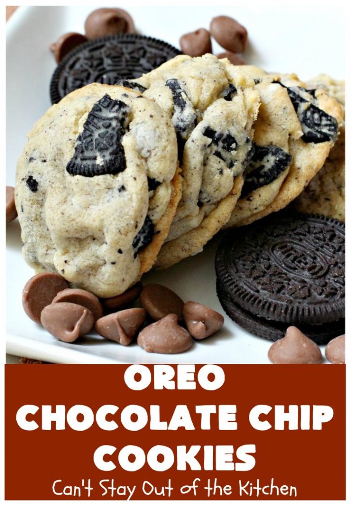 Oreo Chocolate Chip Cookies | Can't Stay Out of the Kitchen | these outrageous #cookies are insanely good. If you need a #chocolate fix, this is the #dessert to try! Great for #tailgating, potlucks & #holiday parties, too. #Oreos #ChocolateDessert #OreoDessert #ChocolateChips #OreoChocolateChipCookies