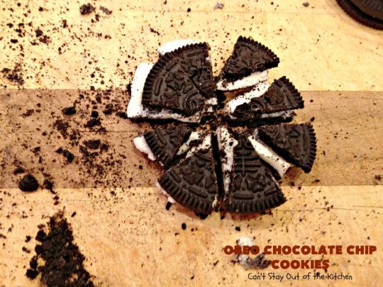 Oreo Chocolate Chip Cookies | Can't Stay Out of the Kitchen | these outrageous #cookies are insanely good. If you need a #chocolate fix, this is the #dessert to try! Great for #tailgating, potlucks & #holiday parties, too. #Oreos #ChocolateDessert #OreoDessert #ChocolateChips #OreoChocolateChipCookies