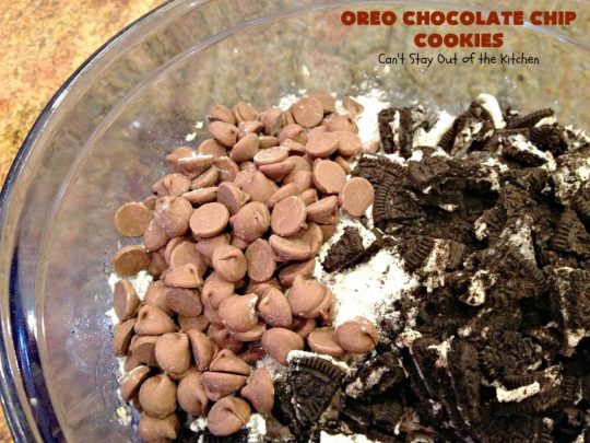 Oreo Chocolate Chip Cookies | Can't Stay Out of the Kitchen | these outrageous #cookies are insanely good. If you need a #chocolate fix, this is the #dessert to try! Great for #tailgating, potlucks & #holiday parties, too. #Oreos #ChocolateDessert #OreoDessert #ChocolateChips #OreoChocolateChipCookies