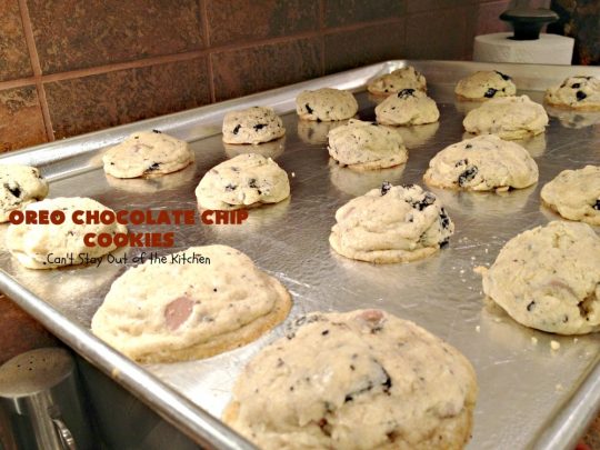 Oreo Chocolate Chip Cookies | Can't Stay Out of the Kitchen | these outrageous #cookies are insanely good. If you need a #chocolate fix, this is the #dessert to try! Great for #tailgating, potlucks & #holiday parties, too. #Oreos #ChocolateDessert #OreoDessert #ChocolateChips #OreoChocolateChipCookies