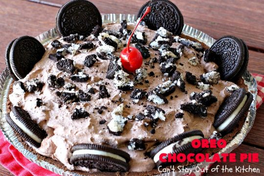 Oreo Chocolate Pie | Can't Stay Out of the Kitchen | this amazing #ChocolatePie is filled with #Oreos. It uses only 5 ingredients so it's an extremely easy #dessert for #holidays or company. Every bite will have you drooling! #pie #ChocolateDessert #OreoDessert #HolidayDessert #chocolate #OreoChocolatePie