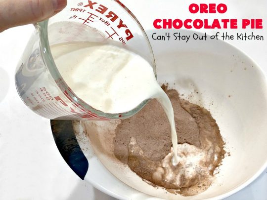 Oreo Chocolate Pie | Can't Stay Out of the Kitchen | this amazing #ChocolatePie is filled with #Oreos. It uses only 5 ingredients so it's an extremely easy #dessert for #holidays or company. Every bite will have you drooling! #pie #ChocolateDessert #OreoDessert #HolidayDessert #chocolate #OreoChocolatePie