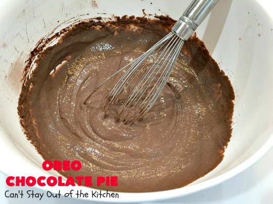 Oreo Chocolate Pie | Can't Stay Out of the Kitchen | this amazing #ChocolatePie is filled with #Oreos. It uses only 5 ingredients so it's an extremely easy #dessert for #holidays or company. Every bite will have you drooling! #pie #ChocolateDessert #OreoDessert #HolidayDessert #chocolate #OreoChocolatePie