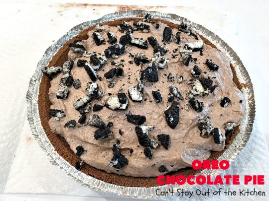Oreo Chocolate Pie | Can't Stay Out of the Kitchen | this amazing #ChocolatePie is filled with #Oreos. It uses only 5 ingredients so it's an extremely easy #dessert for #holidays or company. Every bite will have you drooling! #pie #ChocolateDessert #OreoDessert #HolidayDessert #chocolate #OreoChocolatePie