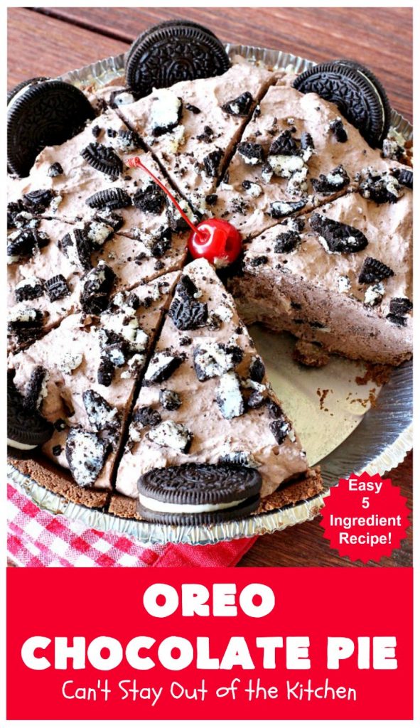 Oreo Chocolate Pie | Can't Stay Out of the Kitchen | this amazing #ChocolatePie is filled with #Oreos. It uses only 5 ingredients so it's an extremely easy #dessert for #holidays or company. Every bite will have you drooling! #pie #ChocolateDessert #OreoDessert #HolidayDessert #chocolate #OreoChocolatePie