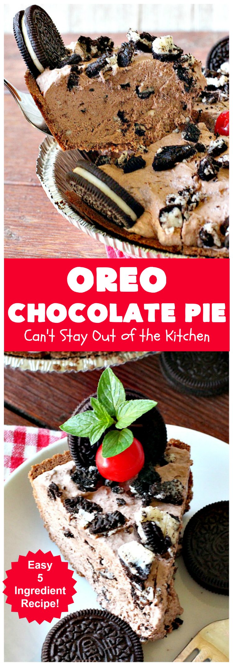 Oreo Chocolate Pie | Can't Stay Out of the Kitchen | this amazing #ChocolatePie is filled with #Oreos. It uses only 5 ingredients so it's an extremely easy #dessert for #holidays or company. Every bite will have you drooling! #pie #ChocolateDessert #OreoDessert #HolidayDessert #chocolate #OreoChocolatePie