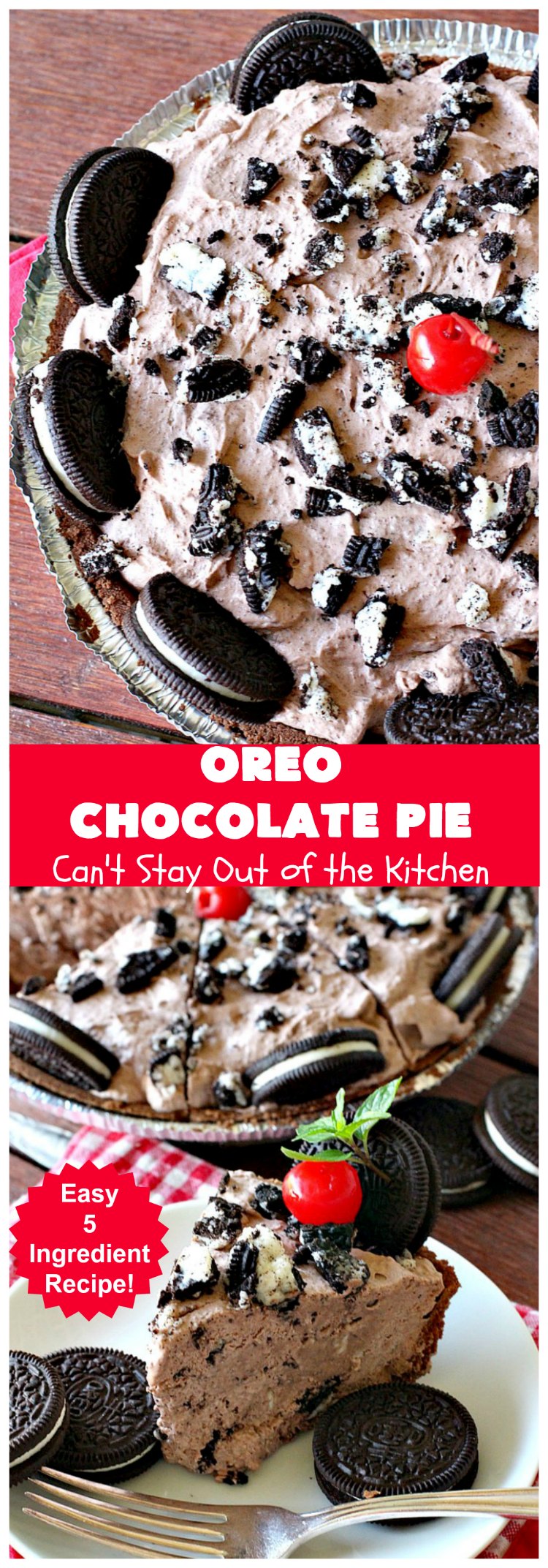 Oreo Chocolate Pie | Can't Stay Out of the Kitchen | this amazing #ChocolatePie is filled with #Oreos. It uses only 5 ingredients so it's an extremely easy #dessert for #holidays or company. Every bite will have you drooling! #pie #ChocolateDessert #OreoDessert #HolidayDessert #chocolate #OreoChocolatePie