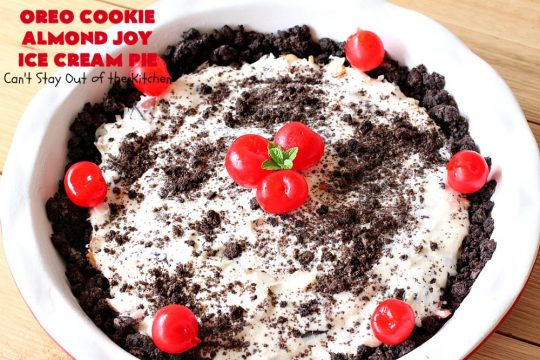 Oreo Cookie Almond Joy Ice Cream Pie | Can't Stay Out of the Kitchen | Wow your family and friends with this spectacular #IceCreamPie for #MothersDay! It combines the best of #Oreos with #AlmondJoyBars! Plus, it's a super easy 5-ingredient #dessert to die for! #Holiday #Pie #HolidayDessert #ChocolateDessert #OreoDessert #AlmondJoyDessert #ChocolatePie #OreoPie #IceCream #AlmondJoyPie #OreoCookieAlmondJoyIceCreamPie
