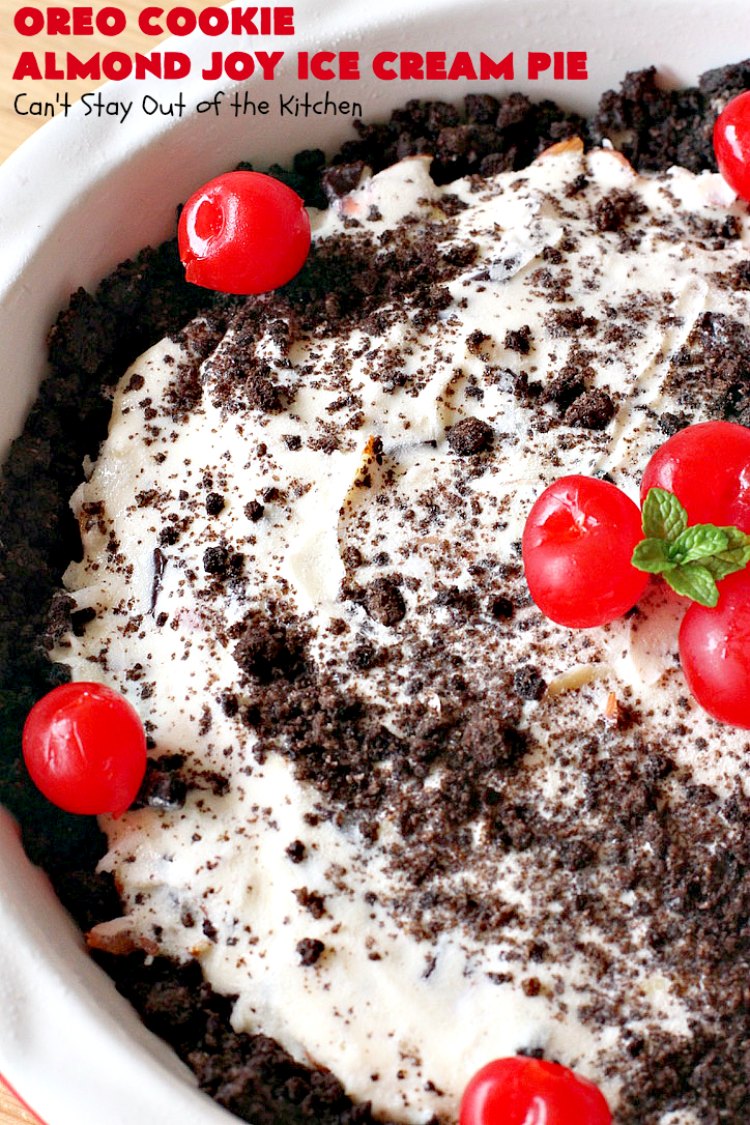 Oreo Cookie Almond Joy Ice Cream Pie | Can't Stay Out of the Kitchen | Wow your family and friends with this spectacular #IceCreamPie for #MothersDay! It combines the best of #Oreos with #AlmondJoyBars! Plus, it's a super easy 5-ingredient #dessert to die for! #Holiday #Pie #HolidayDessert #ChocolateDessert #OreoDessert #AlmondJoyDessert #ChocolatePie #OreoPie #IceCream #AlmondJoyPie #OreoCookieAlmondJoyIceCreamPie