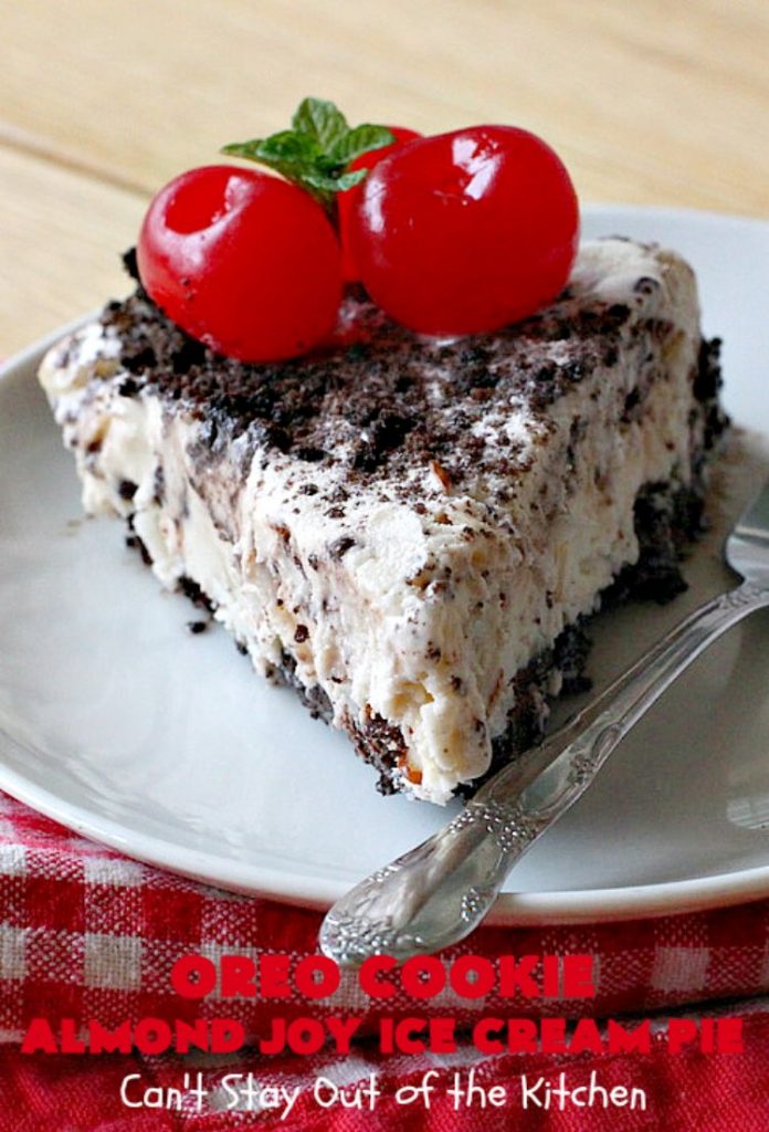 Oreo Cookie Almond Joy Ice Cream Pie | Can't Stay Out of the Kitchen | Wow your family and friends with this spectacular #IceCreamPie for #MothersDay! It combines the best of #Oreos with #AlmondJoyBars! Plus, it's a super easy 5-ingredient #dessert to die for! #Holiday #Pie #HolidayDessert #ChocolateDessert #OreoDessert #AlmondJoyDessert #ChocolatePie #OreoPie #IceCream #AlmondJoyPie #OreoCookieAlmondJoyIceCreamPie
