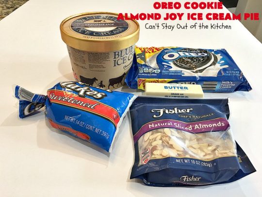 Oreo Cookie Almond Joy Ice Cream Pie | Can't Stay Out of the Kitchen | Wow your family and friends with this spectacular #IceCreamPie for #MothersDay! It combines the best of #Oreos with #AlmondJoyBars! Plus, it's a super easy 5-ingredient #dessert to die for! #Holiday #Pie #HolidayDessert #ChocolateDessert #OreoDessert #AlmondJoyDessert #ChocolatePie #OreoPie #IceCream #AlmondJoyPie #OreoCookieAlmondJoyIceCreamPie
