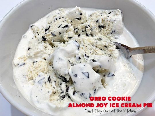 Oreo Cookie Almond Joy Ice Cream Pie | Can't Stay Out of the Kitchen | Wow your family and friends with this spectacular #IceCreamPie for #MothersDay! It combines the best of #Oreos with #AlmondJoyBars! Plus, it's a super easy 5-ingredient #dessert to die for! #Holiday #Pie #HolidayDessert #ChocolateDessert #OreoDessert #AlmondJoyDessert #ChocolatePie #OreoPie #IceCream #AlmondJoyPie #OreoCookieAlmondJoyIceCreamPie