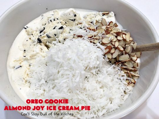 Oreo Cookie Almond Joy Ice Cream Pie | Can't Stay Out of the Kitchen | Wow your family and friends with this spectacular #IceCreamPie for #MothersDay! It combines the best of #Oreos with #AlmondJoyBars! Plus, it's a super easy 5-ingredient #dessert to die for! #Holiday #Pie #HolidayDessert #ChocolateDessert #OreoDessert #AlmondJoyDessert #ChocolatePie #OreoPie #IceCream #AlmondJoyPie #OreoCookieAlmondJoyIceCreamPie