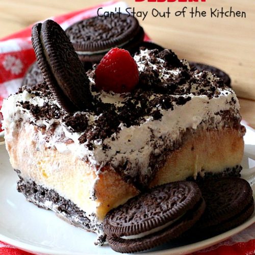 Oreo Cookie Dessert | Can't Stay Out of the Kitchen | This spectacular #dessert is rich, decadent & so addictive! No one will want only one piece! The bottom layer is crushed #Oreos. Layered with #BlueBell vanilla ice cream, then it has a homemade #fudge & walnut sauce. It's topped with #CoolWhip & more #Oreos. #OreoDessert #ChocolateDessert #IceCreamDessert #FudgeDessert #ValentinesDayDessert #HolidayDessert