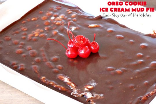 Oreo Cookie Ice Cream Mud Pie | Can't Stay Out of the Kitchen | this amazing #dessert is made with #OreoCookies, vanilla #IceCream & has a #ChocolateSauce over top. It's sensational for any special occasion or company dessert. #OreoDessert #ChocolateDessert #IceCreamDessert #OreoCookieIceCreamMudPie