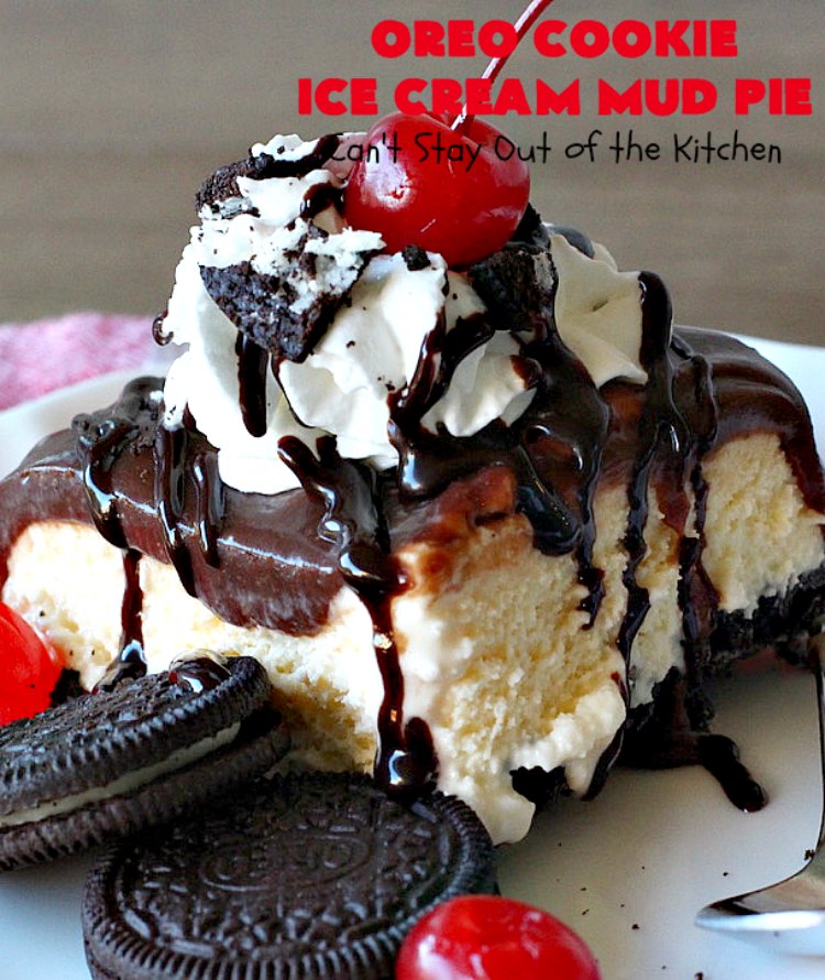 Oreo Cookie Ice Cream Mud Pie | Can't Stay Out of the Kitchen | this amazing #dessert is made with #OreoCookies, vanilla #IceCream & has a #ChocolateSauce over top. It's sensational for any special occasion or company dessert. #OreoDessert #ChocolateDessert #IceCreamDessert #OreoCookieIceCreamMudPie