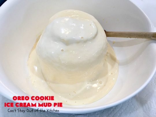 Oreo Cookie Ice Cream Mud Pie | Can't Stay Out of the Kitchen | this amazing #dessert is made with #OreoCookies, vanilla #IceCream & has a #ChocolateSauce over top. It's sensational for any special occasion or company dessert. #OreoDessert #ChocolateDessert #IceCreamDessert #OreoCookieIceCreamMudPie