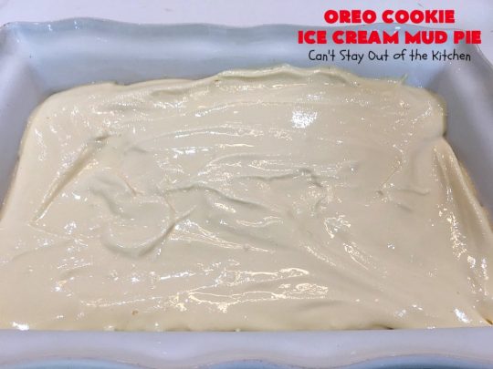 Oreo Cookie Ice Cream Mud Pie | Can't Stay Out of the Kitchen | this amazing #dessert is made with #OreoCookies, vanilla #IceCream & has a #ChocolateSauce over top. It's sensational for any special occasion or company dessert. #OreoDessert #ChocolateDessert #IceCreamDessert #OreoCookieIceCreamMudPie