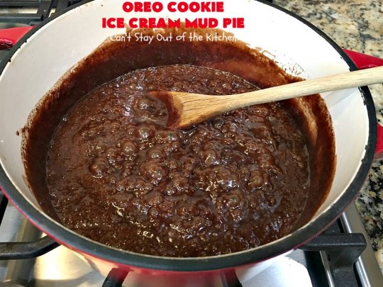 Oreo Cookie Ice Cream Mud Pie | Can't Stay Out of the Kitchen | this amazing #dessert is made with #OreoCookies, vanilla #IceCream & has a #ChocolateSauce over top. It's sensational for any special occasion or company dessert. #OreoDessert #ChocolateDessert #IceCreamDessert #OreoCookieIceCreamMudPie