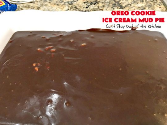 Oreo Cookie Ice Cream Mud Pie | Can't Stay Out of the Kitchen | this amazing #dessert is made with #OreoCookies, vanilla #IceCream & has a #ChocolateSauce over top. It's sensational for any special occasion or company dessert. #OreoDessert #ChocolateDessert #IceCreamDessert #OreoCookieIceCreamMudPie