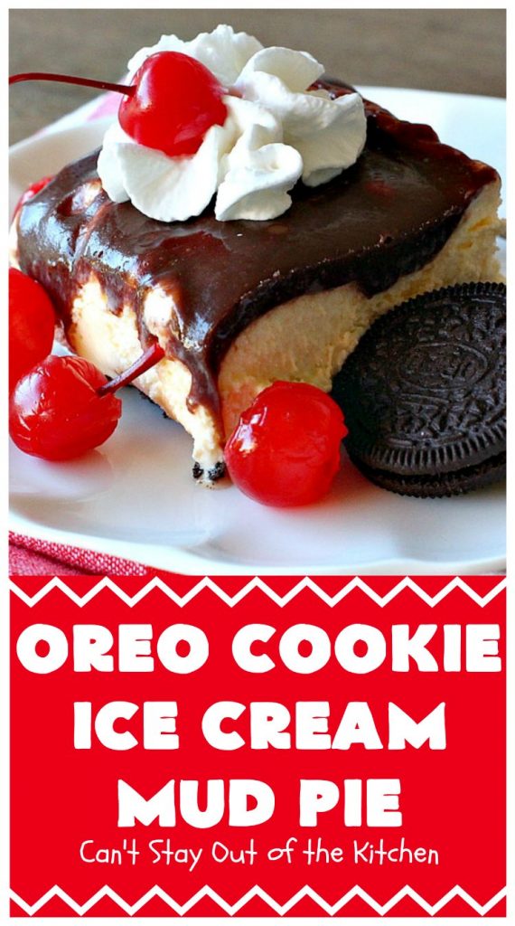 Oreo Cookie Ice Cream Mud Pie | Can't Stay Out of the Kitchen | this amazing #dessert is made with #OreoCookies, vanilla #IceCream & has a #ChocolateSauce over top. It's sensational for any special occasion or company dessert. #OreoDessert #ChocolateDessert #IceCreamDessert #OreoCookieIceCreamMudPie