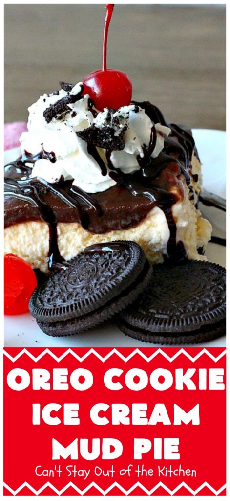 Oreo Cookie Ice Cream Mud Pie | Can't Stay Out of the Kitchen | this amazing #dessert is made with #OreoCookies, vanilla #IceCream & has a #ChocolateSauce over top. It's sensational for any special occasion or company dessert. #OreoDessert #ChocolateDessert #IceCreamDessert #OreoCookieIceCreamMudPie