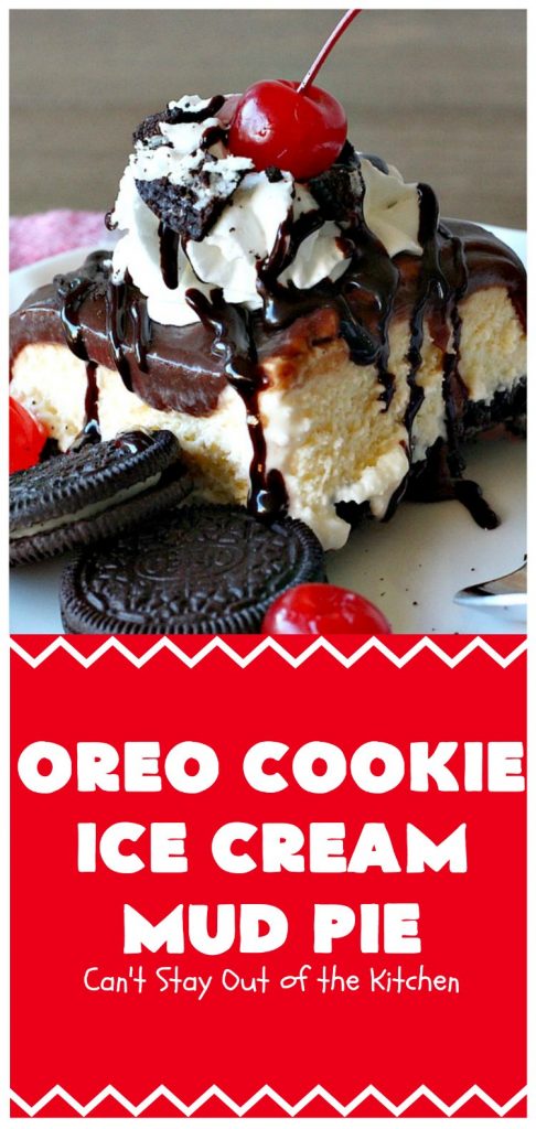 Oreo Cookie Ice Cream Mud Pie | Can't Stay Out of the Kitchen | this amazing #dessert is made with #OreoCookies, vanilla #IceCream & has a #ChocolateSauce over top. It's sensational for any special occasion or company dessert. #OreoDessert #ChocolateDessert #IceCreamDessert #OreoCookieIceCreamMudPie