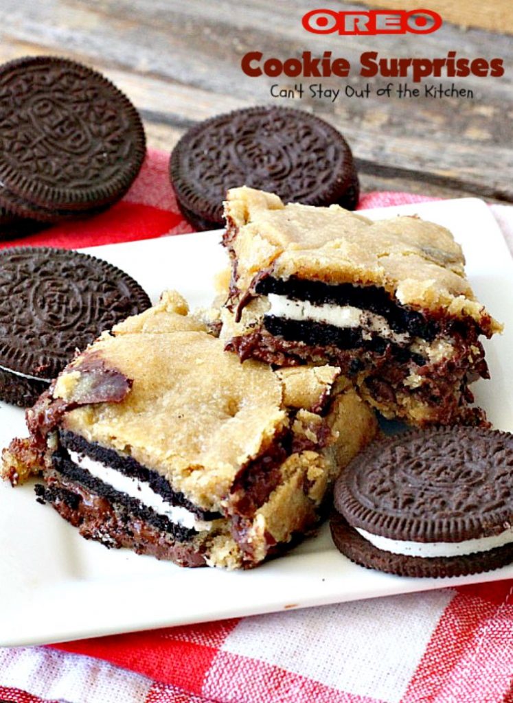 Oreo Cookie Surprises | Can't Stay Out of the Kitchen | these #brownies are divine! #Oreo #cookies are sandwiched between #Mrs.Fields #chocolate chip cookie dough! Best #dessert ever! Great for #MothersDay & other #holidays.