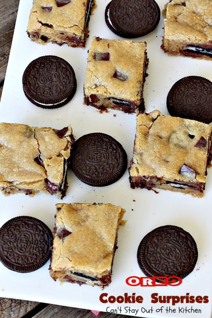Oreo Cookie Surprises | Can't Stay Out of the Kitchen | these #brownies are divine! #Oreo #cookies are sandwiched between #Mrs.Fields #chocolate chip cookie dough! Best #dessert ever! Great for #MothersDay & other #holidays.