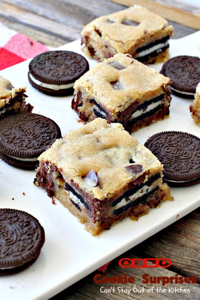 Oreo Cookie Surprises | Can't Stay Out of the Kitchen | these #brownies are divine! #Oreo #cookies are sandwiched between #Mrs.Fields #chocolate chip cookie dough! Best #dessert ever! Great for #MothersDay & other #holidays.