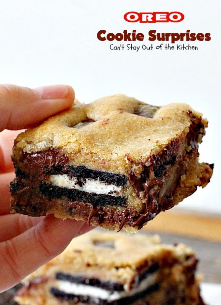 Oreo Cookie Surprises | Can't Stay Out of the Kitchen | these #brownies are divine! #Oreo #cookies are sandwiched between #Mrs.Fields #chocolate chip cookie dough! Best #dessert ever! Great for #MothersDay & other #holidays.