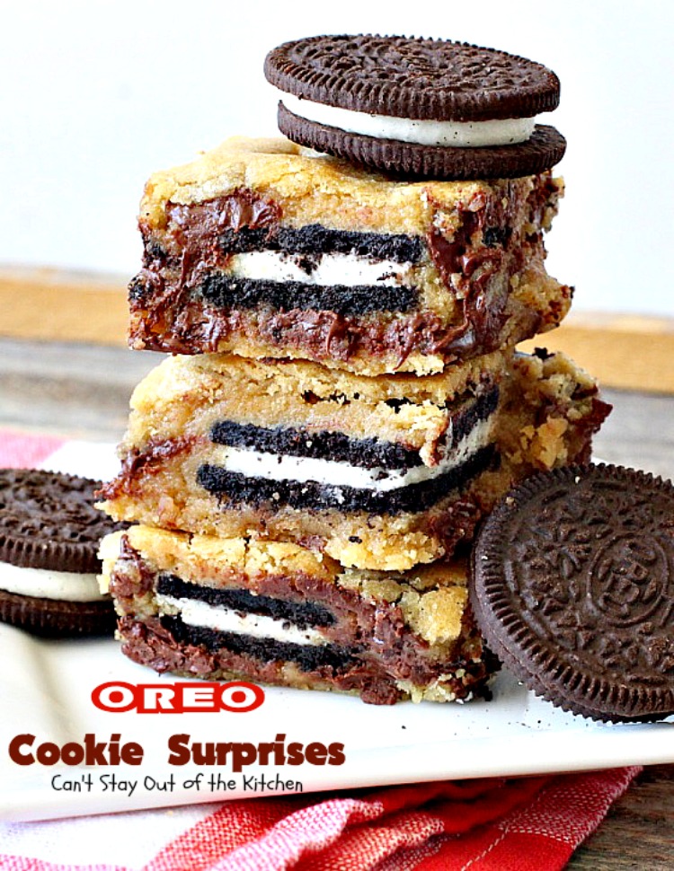 Oreo Cookie Surprises | Can't Stay Out of the Kitchen | these #brownies are divine! #Oreo #cookies are sandwiched between #Mrs.Fields #chocolate chip cookie dough! Best #dessert ever! Great for #MothersDay & other #holidays.