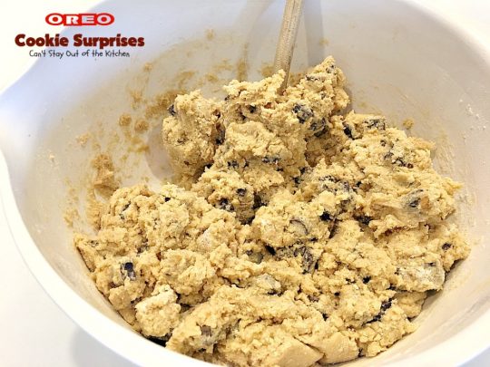 Oreo Cookie Surprises | Can't Stay Out of the Kitchen | these #brownies are divine! #Oreo #cookies are sandwiched between #Mrs.Fields #chocolate chip cookie dough! Best #dessert ever! Great for #MothersDay & other #holidays.