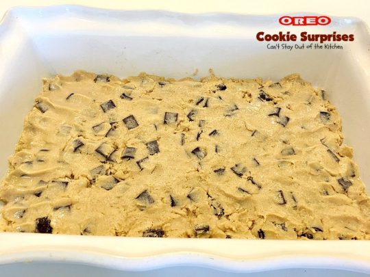 Oreo Cookie Surprises | Can't Stay Out of the Kitchen | these #brownies are divine! #Oreo #cookies are sandwiched between #Mrs.Fields #chocolate chip cookie dough! Best #dessert ever! Great for #MothersDay & other #holidays.