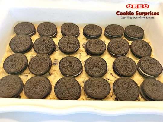 Oreo Cookie Surprises | Can't Stay Out of the Kitchen | these #brownies are divine! #Oreo #cookies are sandwiched between #Mrs.Fields #chocolate chip cookie dough! Best #dessert ever! Great for #MothersDay & other #holidays.