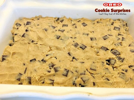 Oreo Cookie Surprises | Can't Stay Out of the Kitchen | these #brownies are divine! #Oreo #cookies are sandwiched between #Mrs.Fields #chocolate chip cookie dough! Best #dessert ever! Great for #MothersDay & other #holidays.